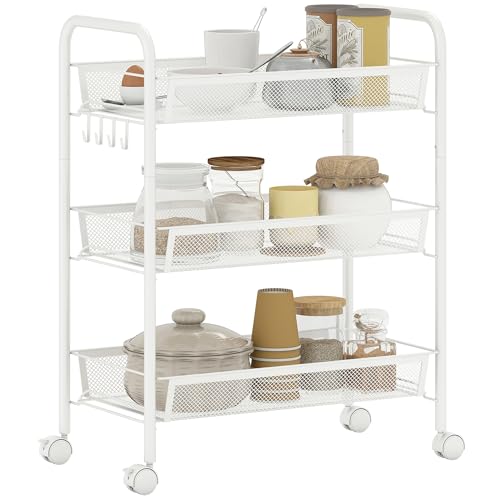 HOMCOM Chariot de Rangement à 3 Niveaux, desserte à roulettes avec paniers Amovibles et 4 Crochets, Cadre en Acier, Chariot de Cuisine, Salle de Bain, Salon,...