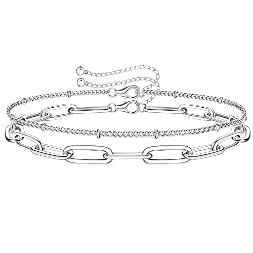 MILACOLATO 925 Sterling Silver Clasp Paperclip Chain Bracelets 14K White Gold Plated Solid Diamond-Cut Paperclip Chain Women Bracelet Adjustable Layered Satellite Beads Bracelets for Women