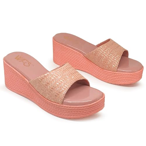 Image of WFS Women's Black 2.5 Inch Wedge Heel Slip-On Fashion Sandals - Shimmer Finish