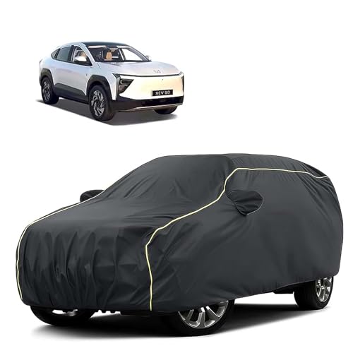 Image of Sulfar 100% Water Resistant Car Body Cover Compatible with Mirror for Mahindra XEV 9e (Triple Stitched, Full Bottom Elastic, Dark Grey Tafetta with Yellow Piping)