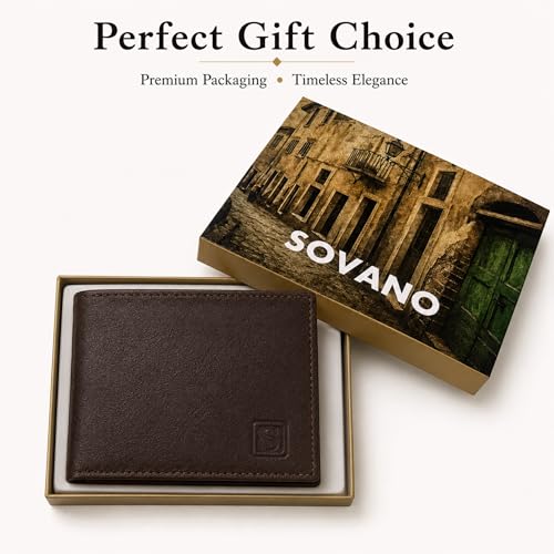 Image of SOVANO Genuine Leather Wallets for Man Original Bi Fold Slim Mens Wallets Design with RFID Protection ID Window Easy Access 6 Card Slots 2 Hidden Pockets Compact Gift for Men (Brown)