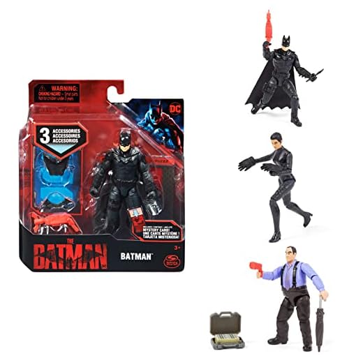 THE BATMAN-FIGURAS BATMAN 10 CM -DC COMICS- Muñecos Batman Articulados de 10 cm con 3 Accesorios 1 Tarjeta Misteriosa -6060654- Juguetes Niños 3 Años + / Modelo Aleatorio (4 Modelos Coleccionables)