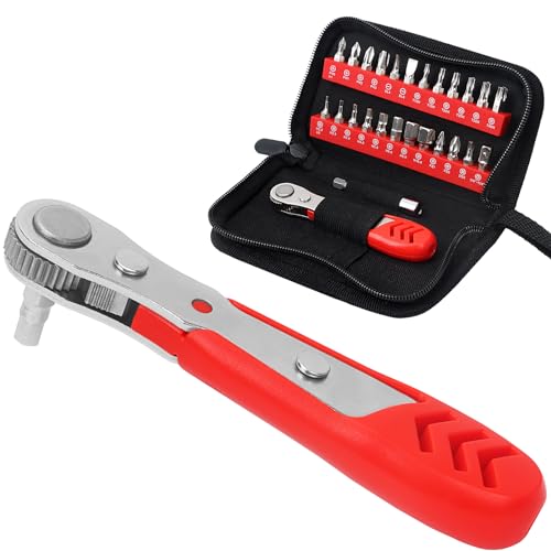 Image of STREBITO Right Angle Screwdriver Set, Low Profile 26 Piece Small Ratchet, Stubby 90 Degree Ratcheting Screwdriver, Mini 1 /4 Bit EDC Tool for Tight Spaces, Bike
