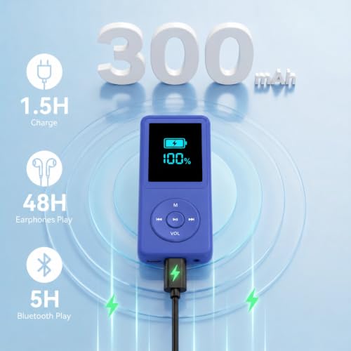 Image of BIGASUO 128GB Mini MP3 Music Player with Bluetooth 5.4 & Voice Control Earphones, Video Playback,Pocket-Sized MP3 Player for Music,Voice Recording,FM Radio, Blue
