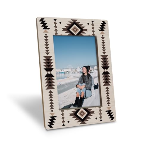EDQAWN Tribal Geometric Picture Frame, Boho Inspired Wooden Photo Frame for 4x6 Inches Photo, Display on Table Top Desk, Rustic Southwestern Pattern Home Decor, Gift for Family and Friends