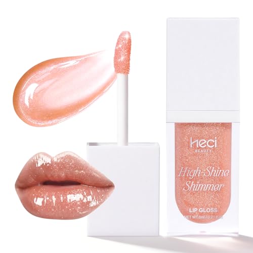 HECI BEAUTY Glitter Lip Gloss, Hydrating High Shine Lipgloss for Women, Non-Sticky Plumping Lip Oil with Vitamin E, Long Lasting Shimmer Finish for Daily Makeup, Crystal Nude 0.21 fl oz