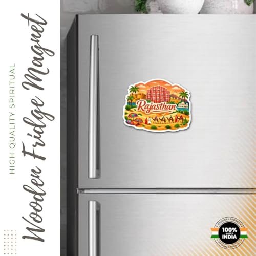 Image of Rajasthan Wooden Fridge Magnet for Home & Office Decor | Rajasthan Theme Magnet | Kitchen Decor | Indian Tourism Design with State Famous Items (Rajasthan)
