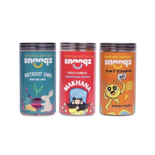 Image of Snaaqz Supergrain Snacks Combo 370g | Beetroot Cream & Onion, Chilly Garlic Makhana & Peri Peri Oat Chips | Pack of 3 | High Protein | Baked & Crunchy | Vegetarian | Low-Calorie | Healthy Snacks for Adults & Kids