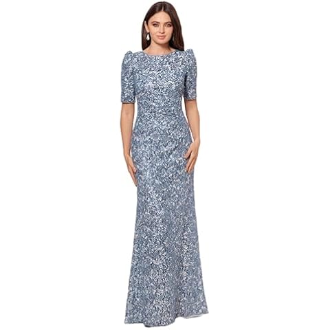 Xscape Women's Long Lace Sequin Side Ruched Dress (Reg and Petite), Blue/Silver, 14P Cover