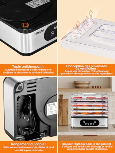 FOHERE Déshydrateur Alimentaire 420W, 5 Plateaux Réglables en Hauteur – vue 7
