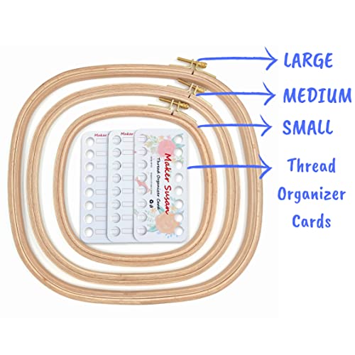 Image of Maker Susan 3 Pcs Beech Wood Square Embroidery Hoop Set, Premium Quality Cross Stitch Hoop and Frame, Punch Needle Hoop with Embroidery Thread-Floss Organizer Cards for Embroidery (3 Sizes Set)