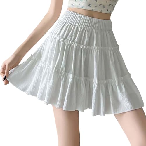 Lmdudan 2025 Women Solid Color Mini Layered Skirt Ruffle High Elastic Waist Short Skirts Flowy Cute Summer Cute Skirts