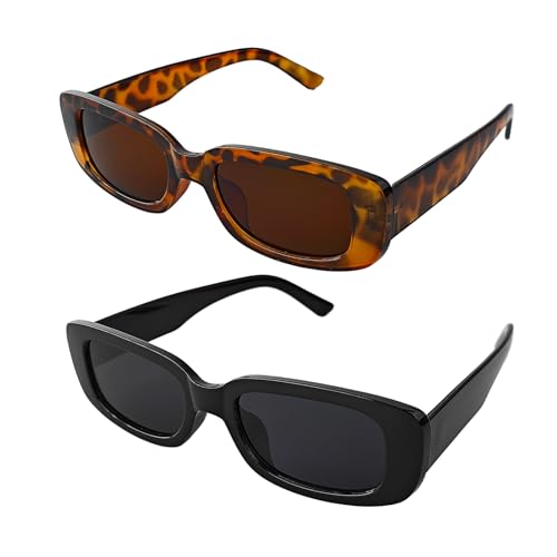 2PCS Rectangle Sunglasses for Women Men Trendy Y2k Retro 90s Vintage Sun Glasses UV Protection Square Frame