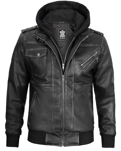 Image of Decrum Mens Leather Jacket - Detachable Hood Stylish Real Lambskin Leather Bomber Jacket Men