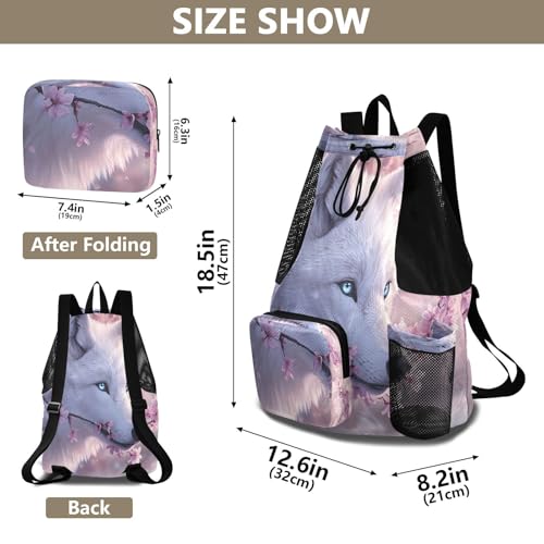 Mesh Gym Swimming Bags for Men & Women, Wolf Tree Flower Cherry Blossoms Large Drawstring Backpack with Dry-Wet Pocket, Lightweight Gym Bag for Sports, Travel, Beach, Workout Gear2