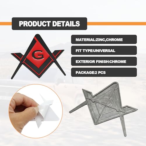 Image of Pleoos 2Pcs 2.75 inch Chrome Plated Masonic Car Emblem Compass Auto Truck Metal Decal, Mason Square, Auto Motorcycle Gift Automobile Decoration Accessories(Red)
