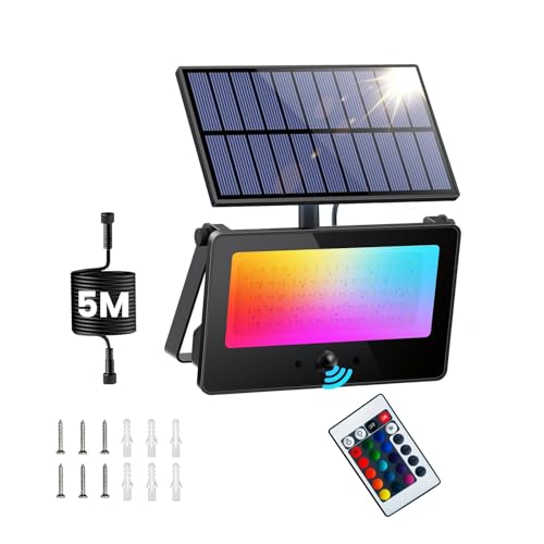 Galavasen Solar Color Changing Flood Lights Outdoor, 16.4FT Cable 16 Million RGB Solar Powered Party Lights Waterproof with Remote Control for Outside BBQ Bars Stage Shed Courtyard Garden(Multicolor)