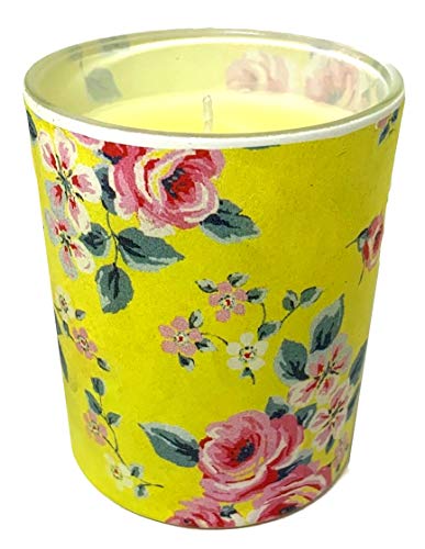 Sia Floral Print Glass Votive 25-Hour Rose Scented Candle, Yellow