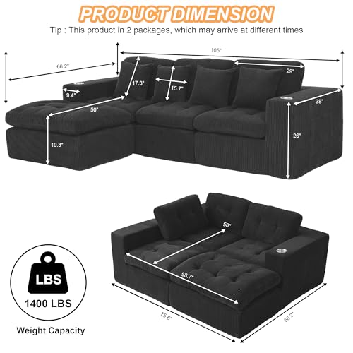 Image of Modular Sectional Sofa, 105 inch L Shaped Comfy Cloud Couch with Deep Seat, Boneless Couch for Living Room, Corduroy Modular Sofa with Chaise and Cup Holders, No Assembly Required, Black | Comfy Cloud Couch
