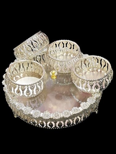 Image of Trend Overseas German Silver Round 4 Bowl Set with Lid & Tray | Crystal Knob Dry Fruit & Sweet Server | Elegant Home Decor, Festive & Wedding Return Gift