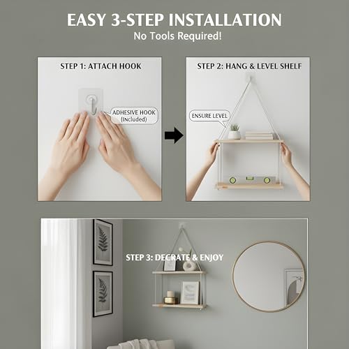 Image of 2 Tier Hanging Shelf | Wall Decor with Adhesive Wall Hooks | Rustic Wood Floating Shelves for Bedroom, Living Room, Kitchen - Boho Swing Plant Holder