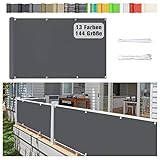 Stootrel Balkon Sichtschutz, 50 X 200CM Blickdichte Balkonumspannungen Balkonabdeckung Wind&UV Schutz Wasserdicht Balkonumrandung mit Ösen und Kordel Sichtschutz Balkon, grau
