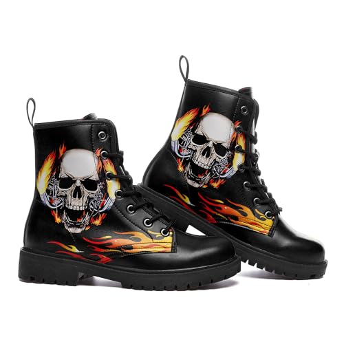 Image of Custom Black Combat Boots for Women Fashion Lace-Up Skull Rose Ankle Booties Chunky Heel Platform Leather Boots