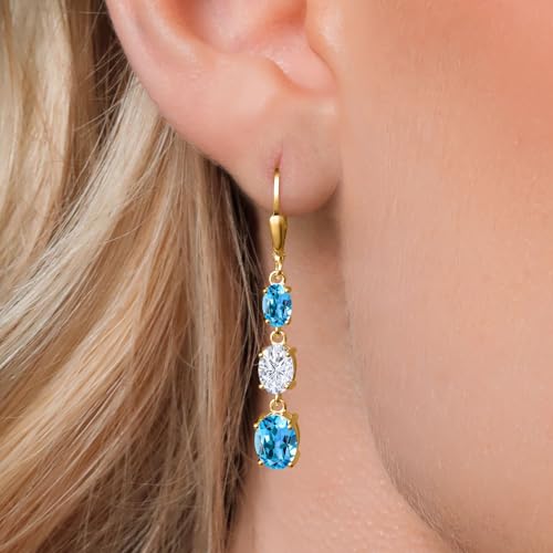 Gem Stone King 18K Yellow Gold Plated Silver Swiss Blue Topaz 3 Stone Dangle Earrings For Women (5.90 Cttw, Gemstone November Birthstone, Oval 8X6MM, 7X5MM and 6X4MM)3