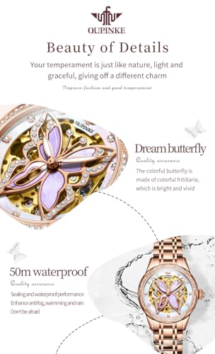 Image of OLEVS Womens Diamond Watches Automatic Mechanical Gold Luxury Dress Ladies Self Winding Original Stainless Steel Wrist Watch