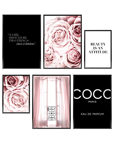 HEIMLICH wall art prints paris decor for bedroom UNFRAMED pink wall decor for bedroom women 6 pink poster as stylish fashion wall art for glam wall decor and paris wall art, 11x17 & 8x10, door coco