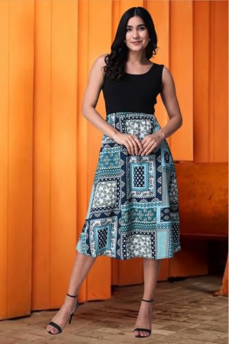 Image of POPWINGS Casual Boho Printed and Solid Peplum Dress for Women || Summer Dresses for Women || Sleeveless Women Dresses || Round-Neck Knee-Length Fit and Flare Stylish Dresses for Women