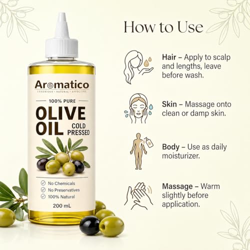 Image of AROMATICO Cold Pressed Olive Oil for Hair Growth & Skin - Olive Hair Oil for Deep Nourishment, Frizz Control & Smooth Shiny Hair | Body Massage Oil | 200ml