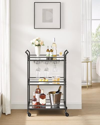 Image of VASAGLE Bar Cart Black, Small Home Bar Serving Cart with 3-Tier Mirrored Shelf, Wine Holders, Glass Holders, for Small Spaces, Kitchen, 15 x 23.6 x 36.2 Inches, Black ULRC100B01