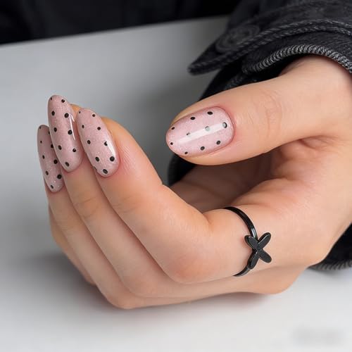 Image of Polka Dot Press on Nails Medium Almond Fake Nails with Shimmer Design Reusable Glossy Full Cover Nude Stick on Nail for Women Manicure 24Pcs