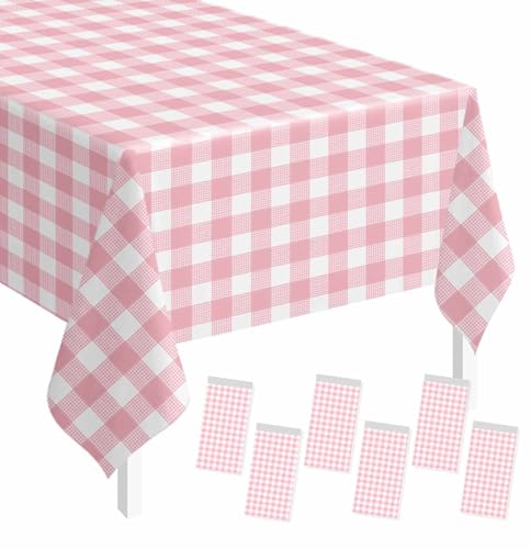 Image of SietDESEO 6 Pack Light Pink Gingham Tablecloth Rectangle 54 x 108 Pink and White Checkered Table Cloth Disposable Plaid Table Cover Plastic for Birthday Baby Shower Picnic Wedding Party Supplies
