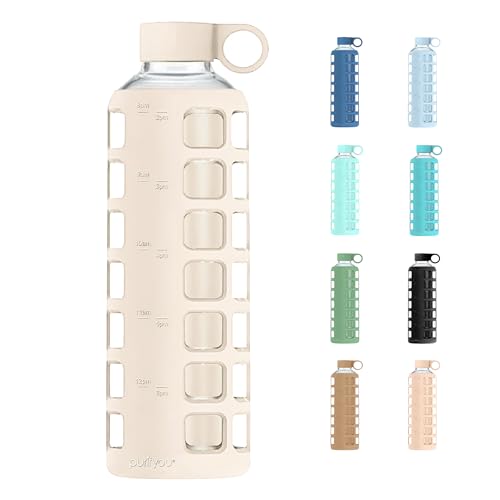 purifyou 40oz / 32oz / 22oz / 12oz Borosilicate Glass Water Bottle with Time & Volume Markers, Silicone Sleeve, Stainless Steel Lid | Reusable Glass Bottle for Water & Juice (40oz Pearled Ivory)