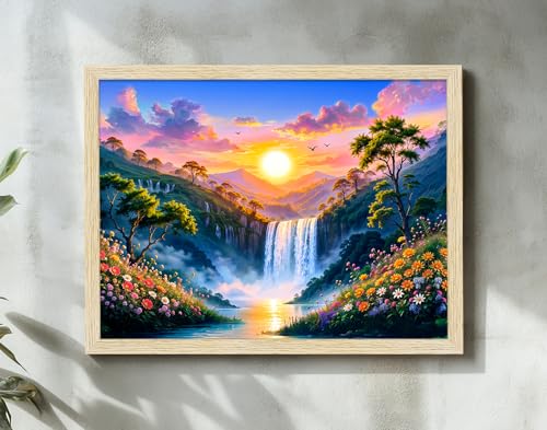 Image of ArtX Rising Sun Painting For Vastu, Big Size Wall Art, Waterfall Painting Vastu, Rising Sun Wall Decor, Multicolor, Nature, 61.0 X 48.0 cm, Canvas, Set of 1