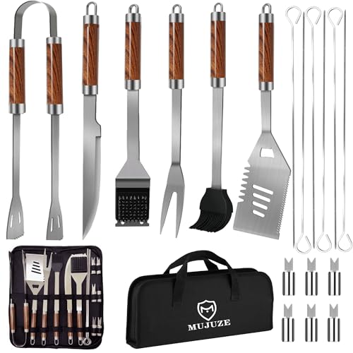 MUJUZE Juego de barbacoa, kit barbacoa profesional hombre regalo, de acero inoxidable, set BBQ accesorios, utensilios barbacoa para al aire libre camping (BBQ 19 piezas)