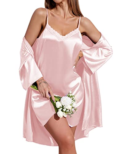 Ekouaer Women's Satin Robe Set Lightweight Comfy Bathrobes Casual Kimono Gowns Loungewear Silk Nightgown With Robes Pjs #TOP14