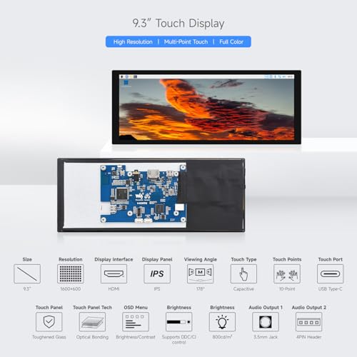 Image of waveshare 9.3inch Capacitive Touch Display, 1600x600 Resolution, Raspberry Pi 5 /4B /3B /Zero /Zero W /Zero 2W /Pico /Pico W /Pico WH, Support Jetson Nano /Jetson Orin Nano, Supports Windows 11 /10 /8.1 /8 /7