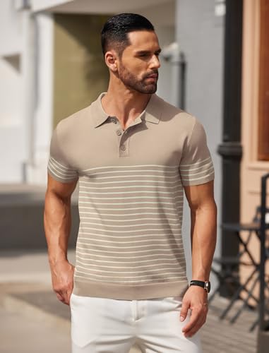 COOFANDY Men's Knit Polo Shirts Short Sleeve Striped Golf Polo Shirts Lightweight Casual Collared T Shirt2