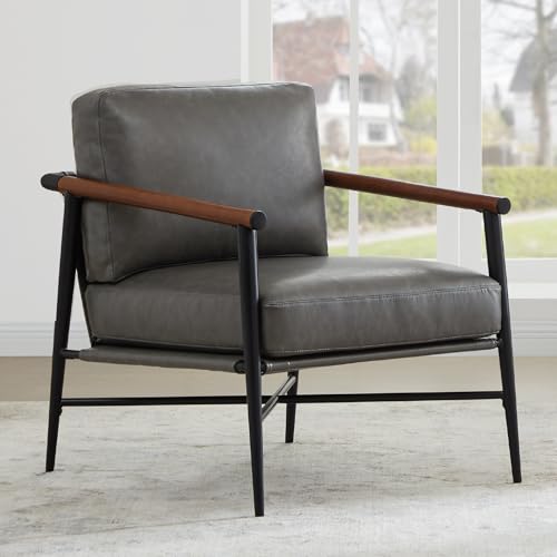 Image of Watson & Whitely Accent Chairs Set of 2, Mid Century Arm Chair for Living Room Bedroom, Modern Reading Chair Upholstered Lounge Armchair with Metal Frame & Wooden Armrests, Faux Leather in Grey
