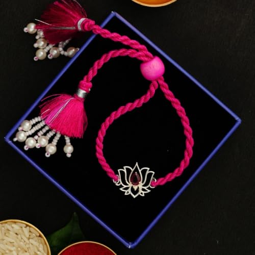Image of MEENAKARI HERITAGE JEWELLERY Pure 925 Sterling Silver Lotus With Zircon Rakhi Set With Roli Chawal And Rakshabandhan Greeting Card For Brother /Sister /Unisex