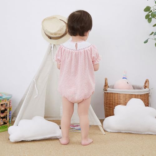 FIOMVA Toddler Baby Girl Clothes Summer Smocked Bubble Romper Embroidery Onesie Short Sleeve Bodysuit Cute Outfits3