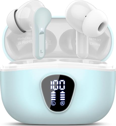Auriculares Inalámbricos Bluetooth, Auriculares Bluetooth 5.4 con Controlador de 14,2 mm, Sonido Envolvente, 48H Cascos Inalámbricos con Reducción de Ruido, Pantalla LED, IP7 Impermeable, Azul Claro