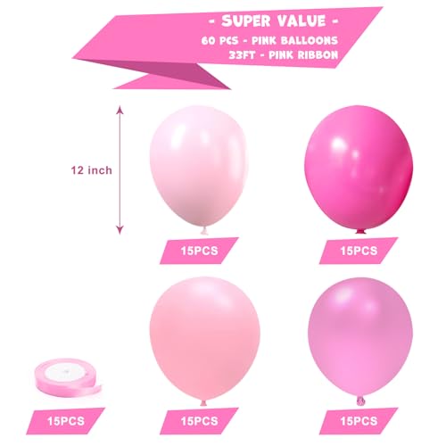 Image of KBZVNAF Pink Latex Balloon Set - 60 Packs 12 Inches Metallic Chrome, Pastel, Hot Pink Balloons for Birthday Wedding Baby Shower Girls Theme Party Decoration