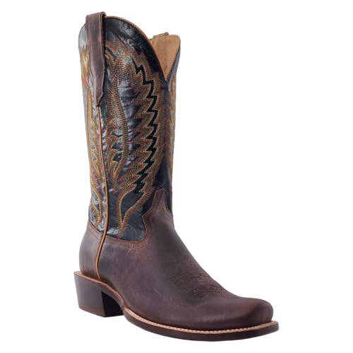 RW RANCH 13' Western Cowboy Boots for Men, Narrow Square Toe, Stacked Heel, Steel Shank, Leather (Cigar/Jet Black, Size 9 D)