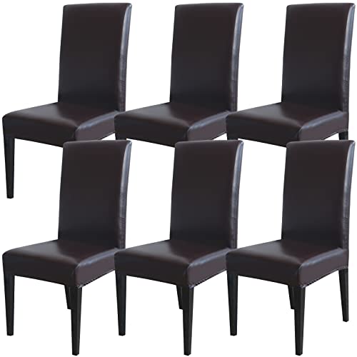 Qubjus Dining Chair Covers, Solid Pu Leather Waterproof Oilproof Stretch Dining Chair Protector Cover Slipcover (Coffee, 6 Pack)