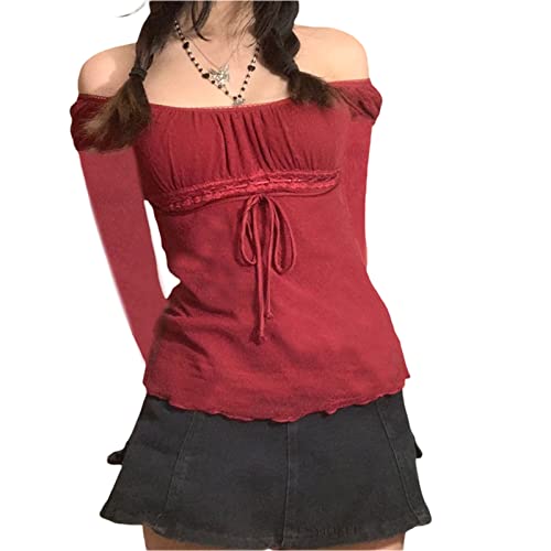 Image of Fairy Grunge Shirts for Women Y2K Tops Long Sleeve Lace Patchwork Tees Teen Girls Vintage Slim Blouse Fall Clothes