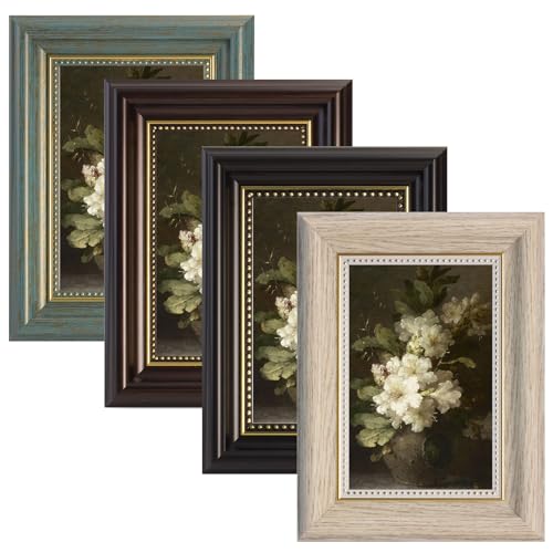4 PCS Vintage Photo Frames Set, 6x4 Retro Square Picture Frames with Mount for Wall and Tabletop Display, 4 Colours Picture Frames for Home Office Living Room Décor (Black, Coffee,Wood White,Green)